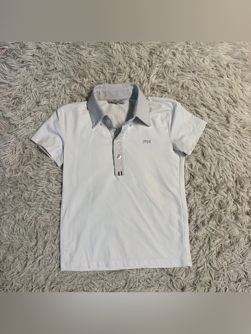Boy’s Small White For Horses Short Sleeve Horseback Riding Show Shirt. Good Cond
